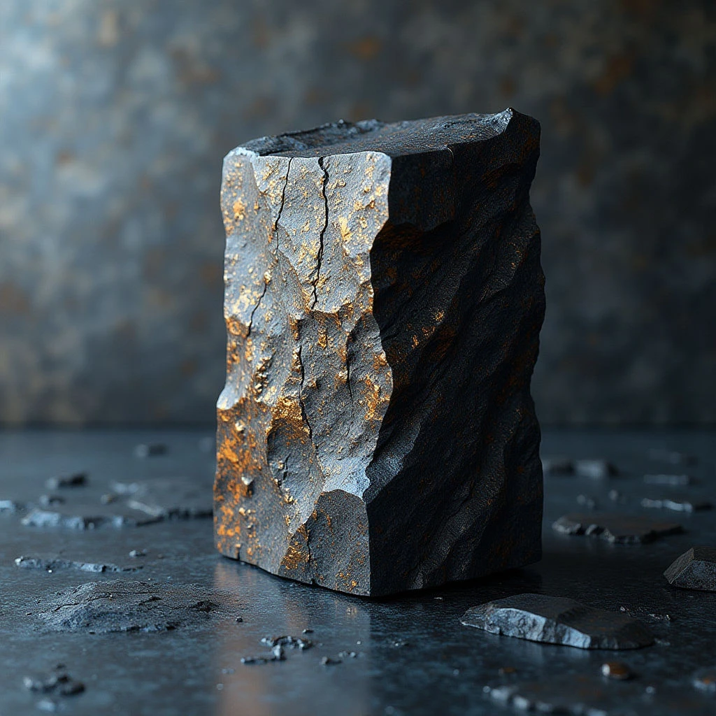 The image features a dark, roughly cuboid form centrally positioned against a blurred background of similar tones. The primary color is a deep gray-black with veins and flecks of gold running through the object’s surface, creating a textured appearance alongside visible cracks and facets. Light highlights one side of the cube, casting shadows on the opposite face and defining its jagged edges, while smaller fractured pieces are scattered around the base.