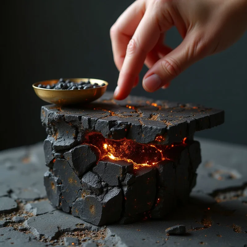 A dark, jagged stone block with a glowing orange fissure sits atop a textured gray surface, next to a small brass bowl filled with black pebbles. A pale hand reaches down from the upper right toward the top of the stone structure. The composition features high contrast between the deep shadows of the dark rocks and the bright, fiery light emanating from within the central crevice.