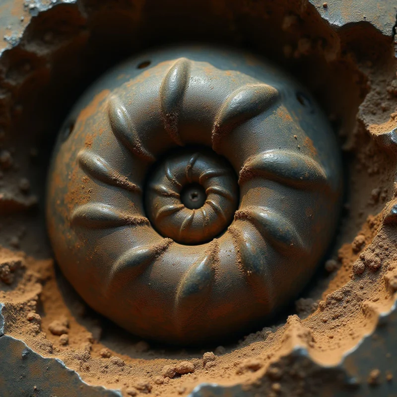 A dark, matte grey spiral shape with deep ridges is centered within a circular, textured crater of fine brown powder. The composition features a monochromatic palette of charcoal and earthy ochre tones, emphasizing the contrast between the smooth, sculpted curves and the granular texture of the surrounding dust. Soft light creates subtle shadows within the grooves of the central form and along the irregular edges of the powdery ring.