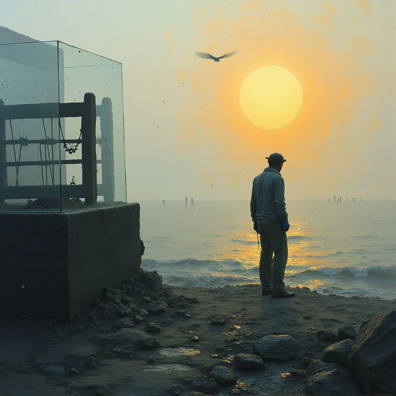 The scene is dominated by warm tones of yellow and orange from a setting sun which casts a glow across the water and beach. Rough textures are present in the rocky shoreline and weathered concrete structure on the left, contrasting with the smoother surface of the waves and the figure’s clothing. A lone figure stands facing away from the viewer toward the ocean, positioned relatively small within a broad spatial expanse that emphasizes the horizon line and distance to the sun.