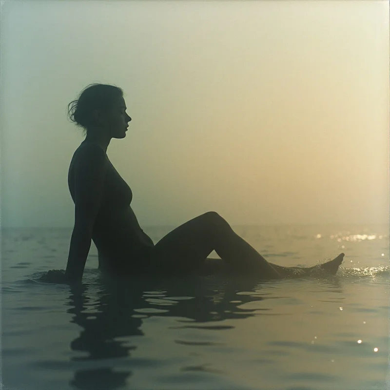 A silhouetted figure sits partially submerged in water, facing towards the right of the frame. The background is a soft, hazy blend of yellow and grey tones, suggesting either sunrise or sunset over a calm body of water. The overall mood is peaceful and contemplative, with the form’s darkness emphasizing solitude.