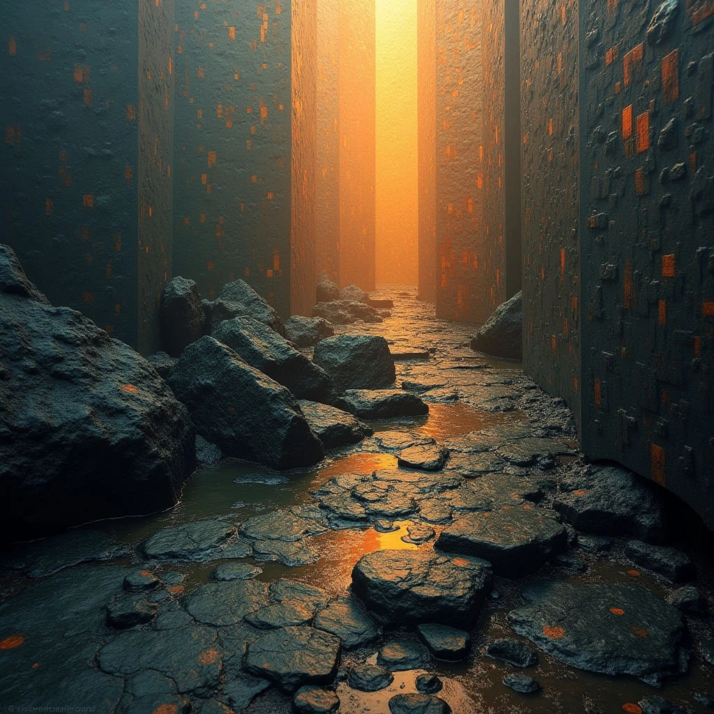 Tall, rectangular structures with a rough, stone-like texture flank a narrow waterway illuminated by a bright orange glow emanating from the distant end of the passage. Dark blues and grays dominate the scene, contrasted by scattered rocks within the water and subtle hints of orange light reflecting on their surfaces. The space recedes linearly, creating a strong sense of depth with diminishing detail as it extends towards the light source.