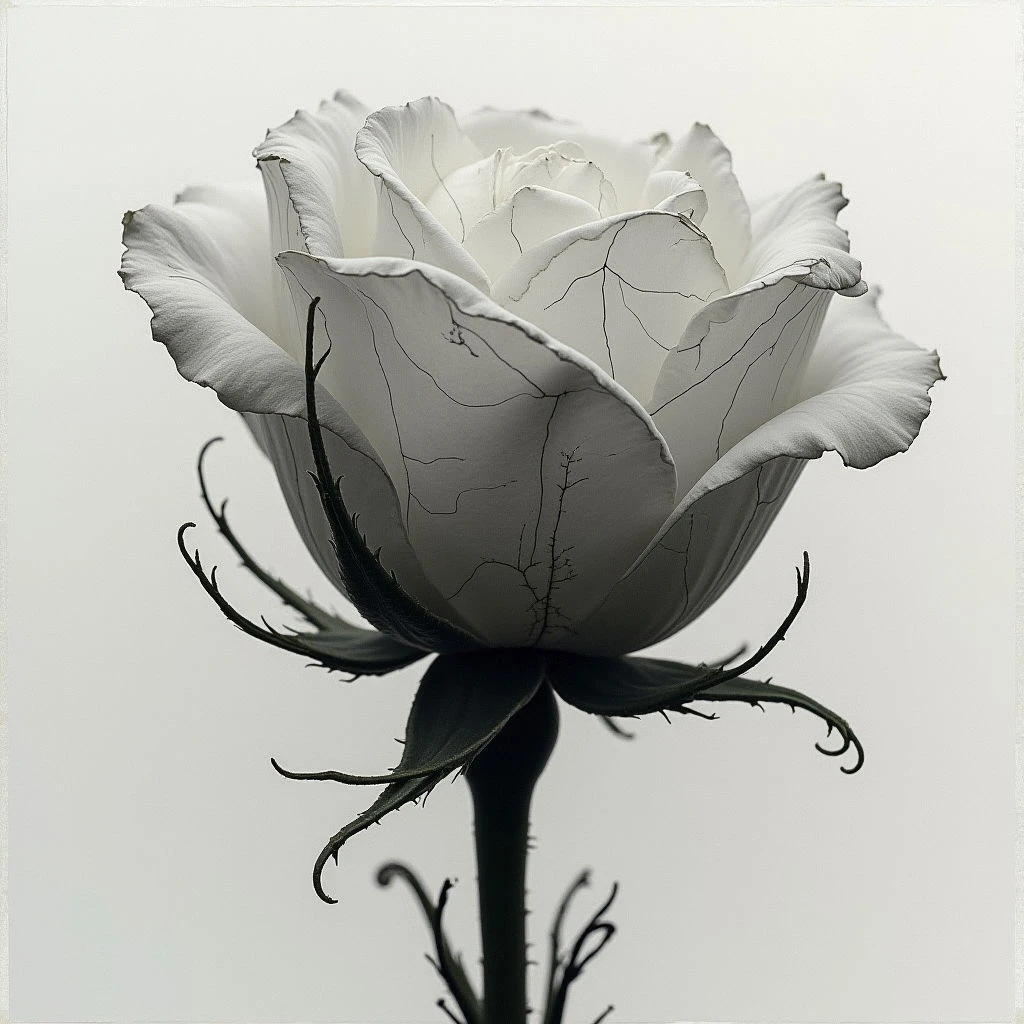 A single white rose is shown in close-up against a pale background. Delicate cracks spiderweb across the surface of its petals, hinting at fragility and age. Sharp thorns curl around a dark green stem, providing a stark contrast to the flower’s soft form.