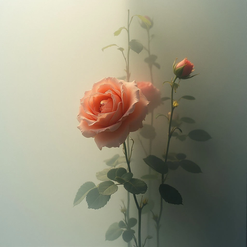 A delicate peach-colored rose is fully bloomed, with another bud visible slightly behind it. The stems are long and green, extending downwards with several leaves along their length and a smaller unopened bud near the bottom. A soft, muted light washes over the scene, creating a gentle, hazy atmosphere.