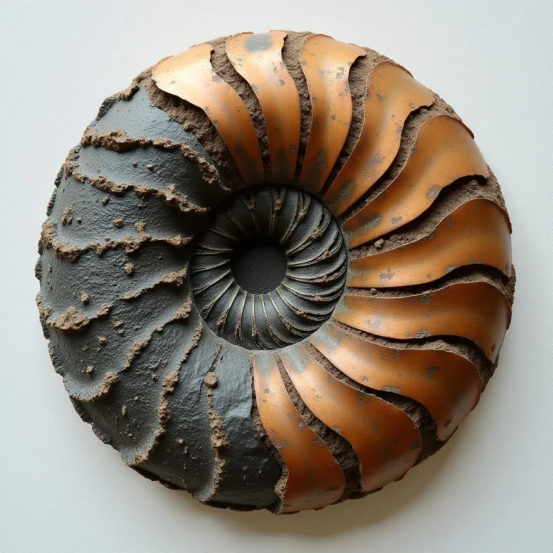 A circular, coiled form is split between a matte, granular black texture and a smooth, metallic copper surface. Deeply recessed ridges create rhythmic, undulating patterns that spiral inward toward a dark central void. Bright light illuminates the reflective copper curves while casting soft shadows into the textured black recesses and the center.