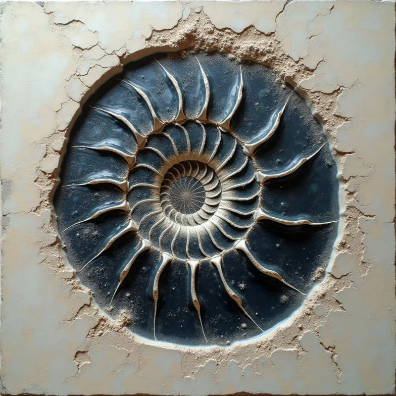 A dark, glossy blue nautilus shell spirals outward from a central point, featuring sharp, cream-colored ridges that create a rhythmic pattern of radiating lines. The smooth, reflective surface of the spiral is set within a rough, sandy-textured beige frame characterized by jagged, irregular cracks and uneven edges. This circular composition creates a deep sense of depth, contrasting the polished interior with the matte, fractured surrounding plane.