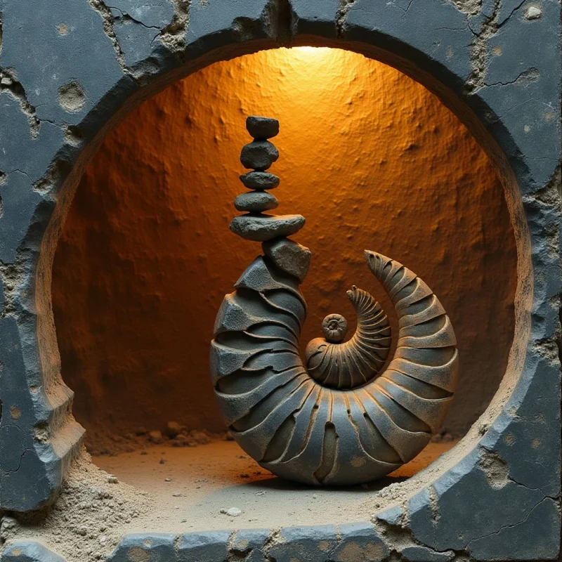 A large, dark gray spiral sculpture with deep ridges sits within a circular stone alcove, topped by a vertical stack of smaller, irregular stones. The composition is defined by warm, golden light illuminating the rough, sandy textures of the background and floor against the cool, matte surfaces of the stone elements. The central arrangement occupies the middle ground, framed symmetrically by the thick, cracked edges of the circular opening.