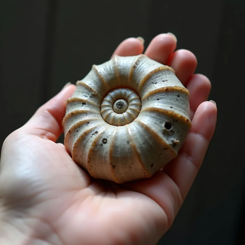 The image features a coiled fossil held in a human hand against a dark background. The fossil displays muted shades of gray and brown with a rough, textured surface marked by segmented ridges and small imperfections; the hand is smooth with lighter skin tones. Light highlights the center of the spiral and casts soft shadows on both the fossil and the surrounding palm, creating depth and emphasizing the object's three-dimensional form.