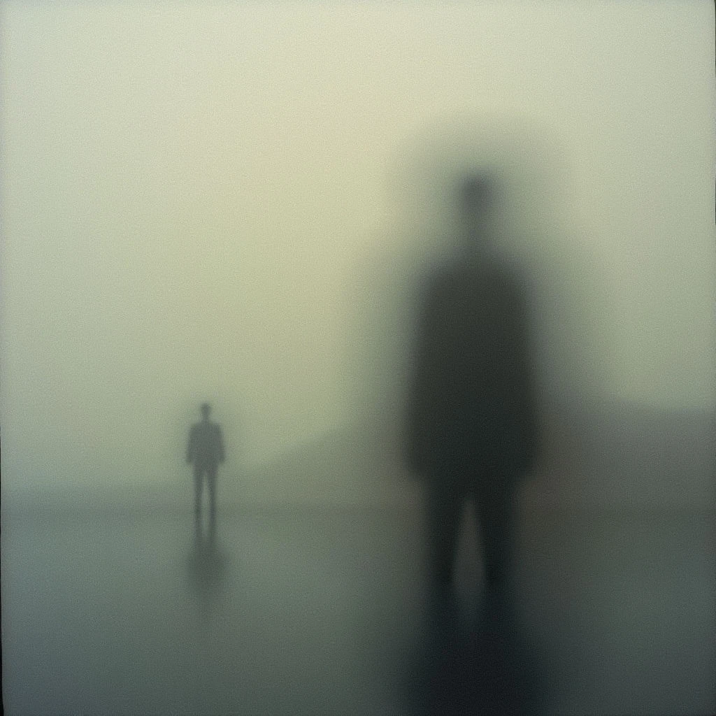 Two figures stand in a dense, grey fog, barely discernible as human shapes. The figure closer to the viewer is larger and more blurred than the one further away. An overall sense of isolation and uncertainty pervades the scene.