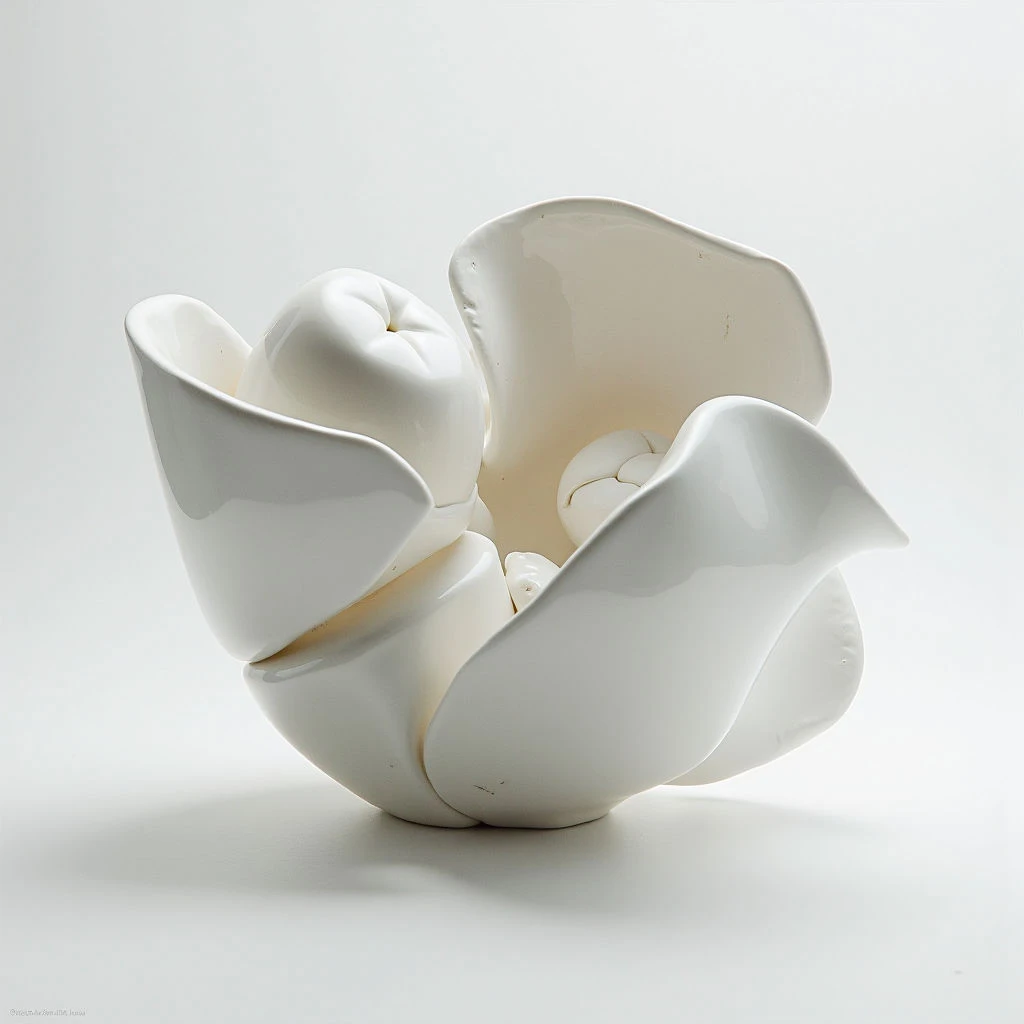 A cluster of white teeth forms the petals of a blossoming flower, resting on a pale surface. The smooth, rounded shapes create a delicate and unusual organic form despite being made of rigid dental material. Light softly highlights the curves and crevices of both the “petals” and the tightly packed center of teeth.