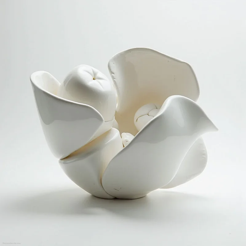 A cluster of white teeth forms the petals of a blossoming flower, resting on a pale surface. The smooth, rounded shapes create a delicate and unusual organic form despite being made of rigid dental material. Light softly highlights the curves and crevices of both the “petals” and the tightly packed center of teeth.