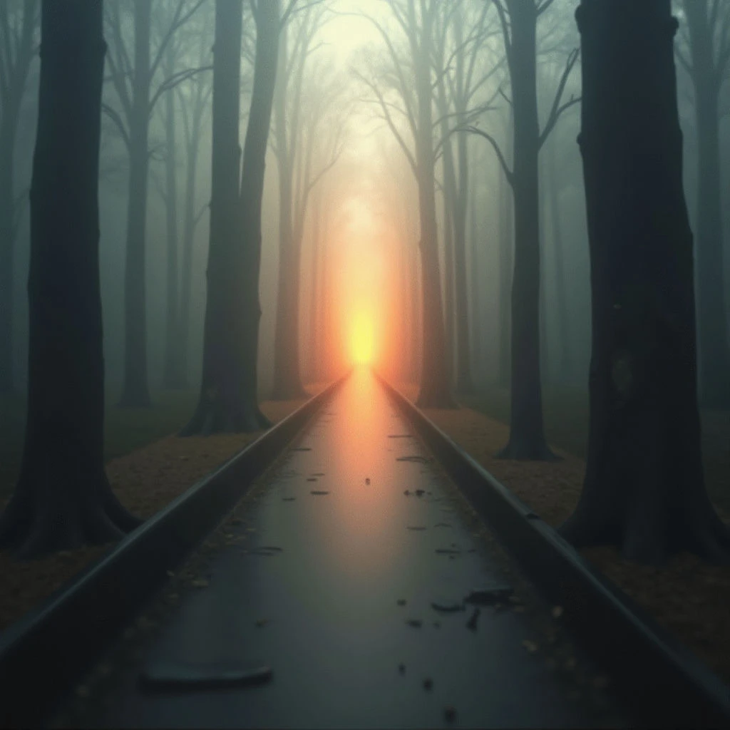 A long, straight path cuts through a dense forest of bare trees shrouded in thick fog. The ground is wet and reflects the warm, golden light emanating from the distant end of the pathway. This light creates a sense of hope or mystery drawing the eye forward into the hazy depths.