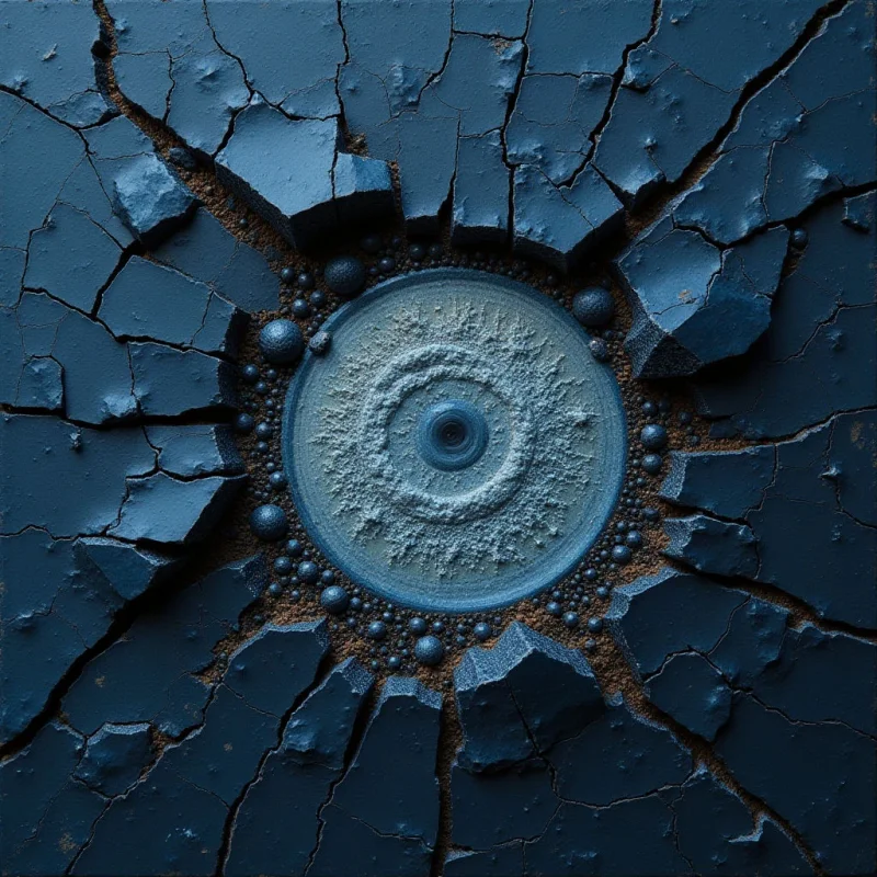 A central, circular light blue disc with a fine, granular texture is surrounded by a ring of small spheres and dark brown sediment. Radiating outward from this center are jagged, deep blue cracked surfaces with sharp edges and rough, uneven textures. The composition features high contrast between the luminous central core and the shadowed, fractured periphery.