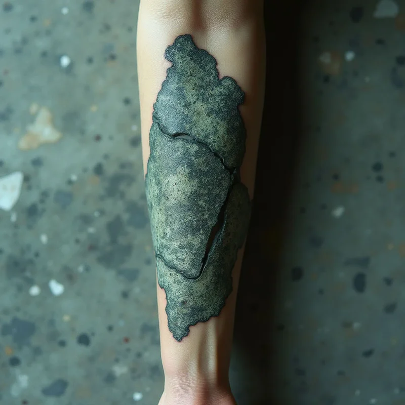 A large, dark grey textured shape with jagged edges and a central fissure stretches vertically along the center of a pale limb. The shape features a coarse, stone-like surface that contrasts against the smooth, light skin around it. A soft, diffused light illuminates the scene, casting subtle shadows within the central crack and across the mottled background.