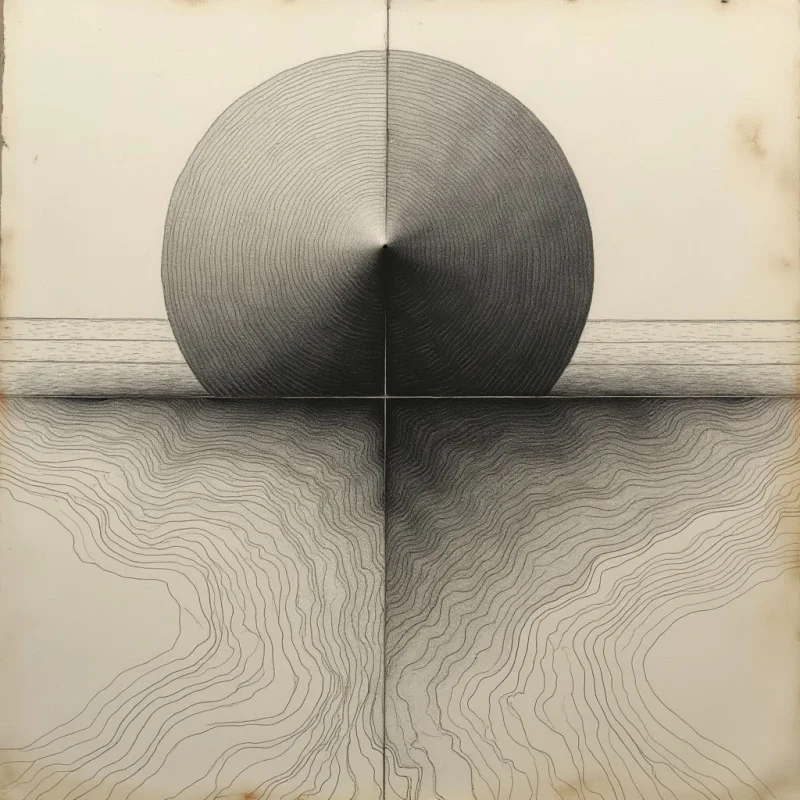 The image is composed of black linework on a cream-colored background, divided into four quadrants by intersecting lines. A large, dark circle dominates the upper half, with concentric curved lines radiating outwards to suggest volume and form, while the lower half features similar curving lines arranged to resemble rippling water or waves. The overall effect creates a sense of symmetry and depth through variations in line density and shading, with darker areas concentrated towards the center and gradually lightening towards the edges.