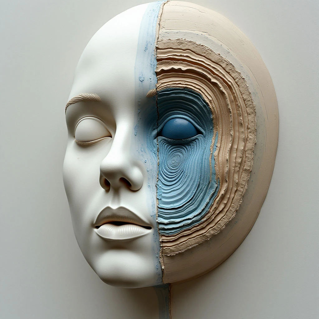 The image depicts a human face in partial relief against a pale background. One half of the face is smooth and white, while the other is composed of concentric layered shapes in shades of beige and blue, creating a textured, wave-like effect. Soft light illuminates the sculpture from the front, casting gentle shadows that emphasize its three-dimensional form and the contrasting surfaces.