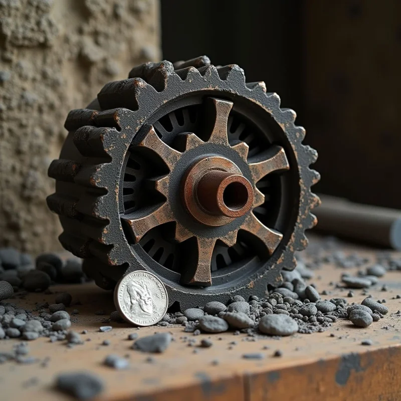 A large, dark metallic gear with rusted orange accents sits centrally among scattered grey pebbles on a wooden surface. The gear features jagged teeth and radial spokes, contrasted by the smooth circular shape of a small silver coin placed in the foreground. Soft light illuminates the coarse, weathered textures of the metal and stone against a blurred, neutral background.