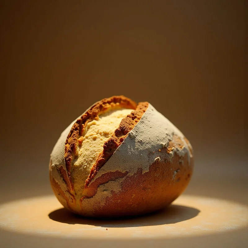 The image features a roughly spherical loaf of bread with a golden-brown crust and pale interior visible through a tear in the surface. Warm tones dominate, ranging from light beige to deep amber, and are contrasted by areas of white flour dusting the exterior. A single light source casts strong shadows below and to the side of the bread, highlighting its textured surface and creating a sense of depth against a blurred background.