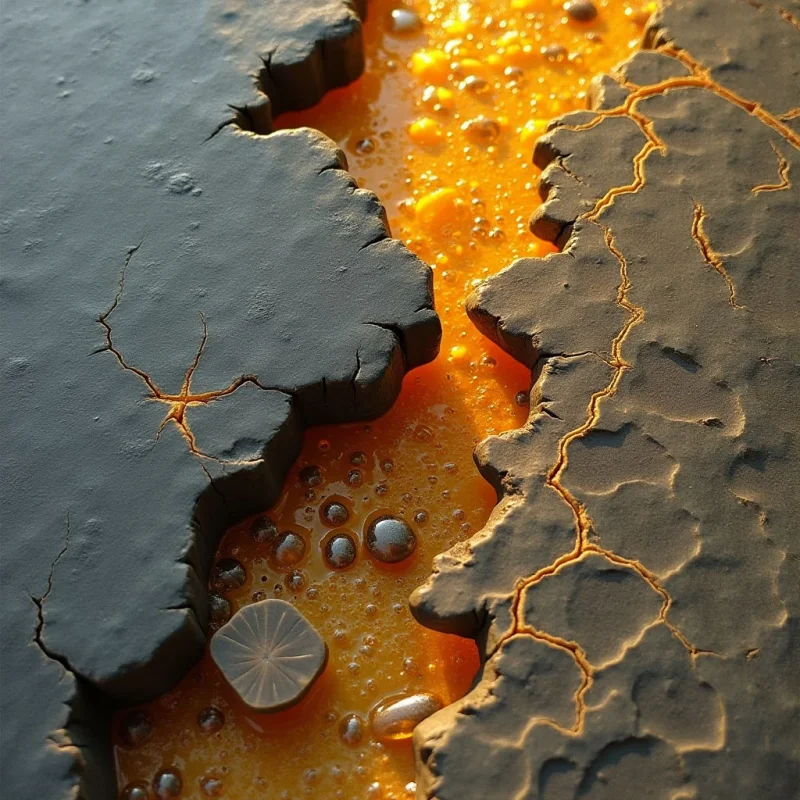 The image features a contrasting palette of cool gray and warm orange tones, with the orange appearing as a liquid substance flowing between fractured gray plates. The surfaces exhibit rough, cracked textures alongside smooth, rounded forms within the orange fluid, creating varied visual interest. Light sources illuminate both the gray material and the liquid, casting subtle shadows and highlighting the spatial depth of the crevices and bubbles.