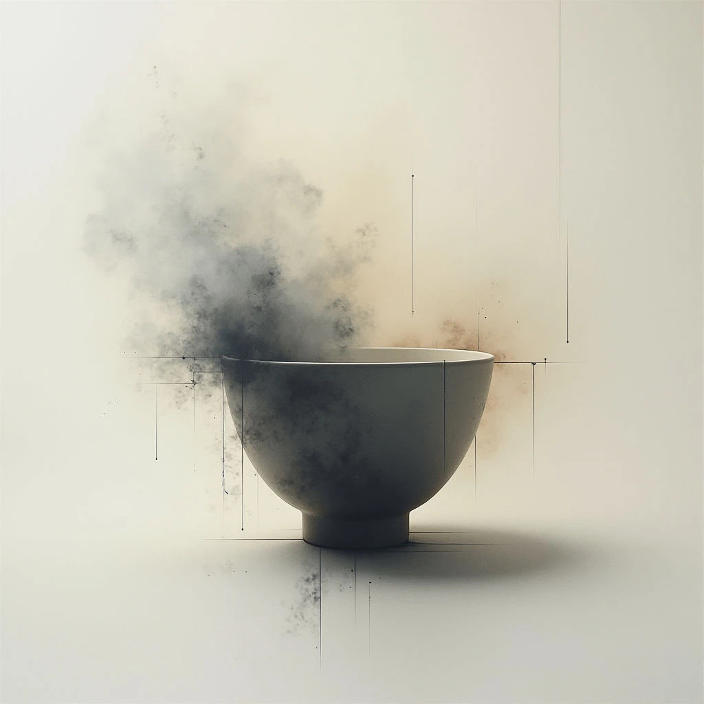 A dark, rounded bowl sits centered on a pale surface, emitting thick plumes of grey smoke that rise and dissipate upwards. Thin, vertical lines extend from the bowl’s sides into the surrounding space, creating a geometric grid around it. The scene is minimalist with soft lighting and a sense of quiet intensity.