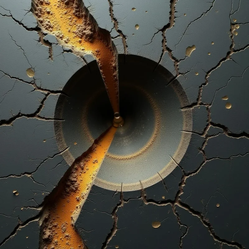 A dark gray, cracked surface is bisected by a wide, textured orange fissure that flows toward a central circular depression. The composition features concentric rings of fine sandy texture within the pit, transitioning from light tan to deep shadow at the center. Light illuminates the raised edges of the cracks and the granular surface of the orange material, creating high contrast against the matte gray background.