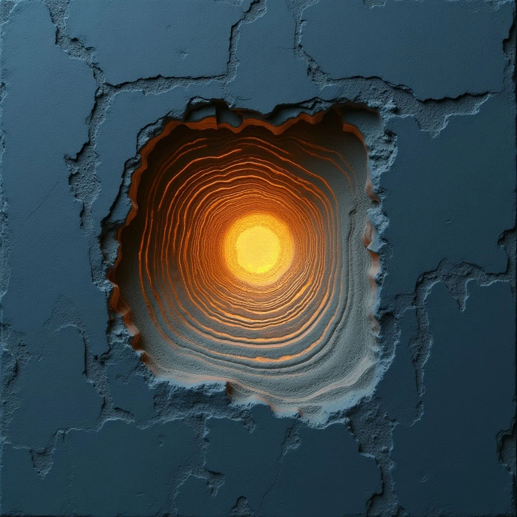 The image features a predominantly cool blue palette contrasted by a warm, central glow of orange and yellow. A rough, cracked texture dominates the surrounding surface while smooth, concentric rings define a circular opening that appears to recede into depth. Light emanates from within this hole, creating highlights along its layered edges and casting subtle shadows on the textured exterior.
