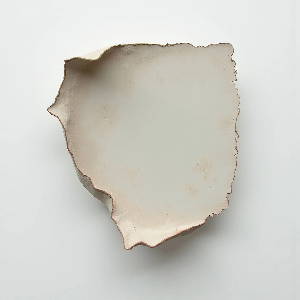 A roughly shaped, off-white ceramic form is mounted on a white wall. The piece has an irregular, eroded edge and a smooth, concave interior that creates a sense of depth. Subtle variations in tone suggest texture around the perimeter of the shape.