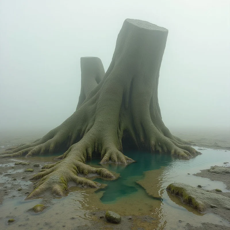 Large, mossy green forms with thick, root-like extensions emerge from a shallow pool of turquoise water within a misty, desaturated landscape. The composition features organic, undulating shapes and grainy textures set against a soft, diffused light that obscures the background. A sense of vastness is created by the central mass rising out of the flat, sandy terrain into a pale, featureless sky.