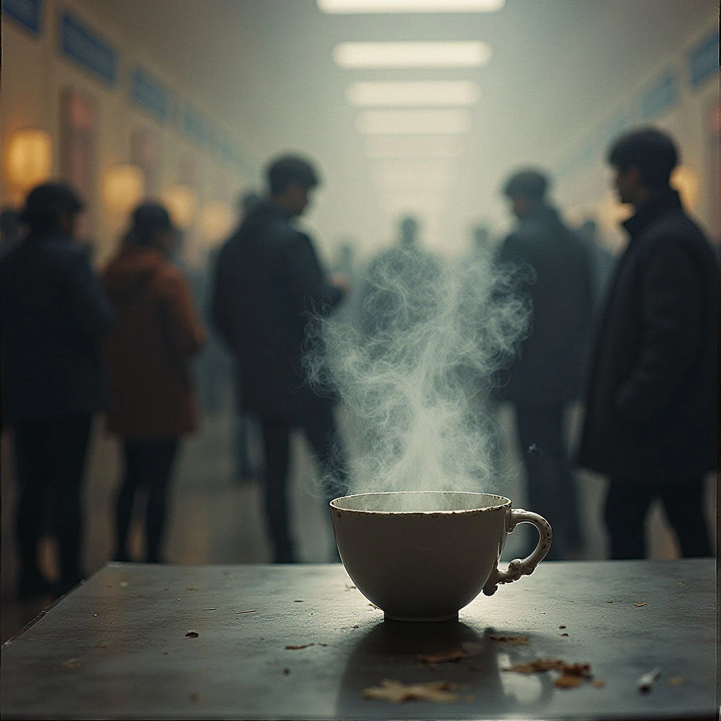A steaming white mug sits prominently on a worn table, its rising vapor obscuring the blurry figures behind it. People stand and talk in the background of what appears to be a dimly lit hallway or waiting area. The scene feels quiet and contemplative despite the presence of others.