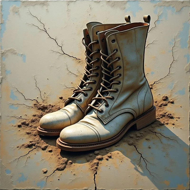 The image features a pair of worn, off-white leather boots centered on a cracked, pale beige surface with hints of blue underneath. Rough textures are evident in the boot’s creases and the fragmented ground, contrasted by smoother areas on the leather and laces. Strong directional light casts long shadows from the boots, emphasizing their form and creating depth within the spatial arrangement.