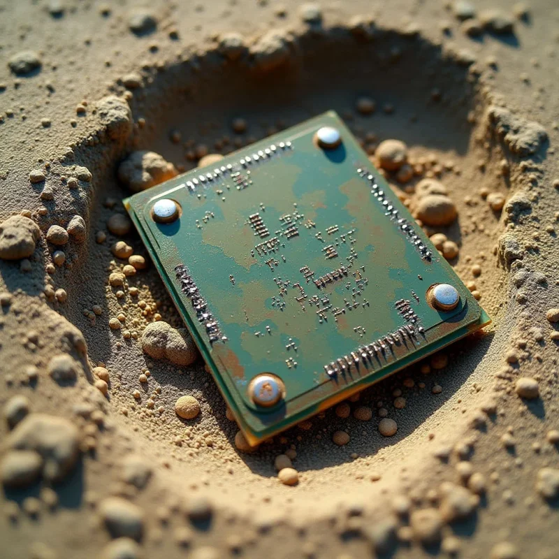 A rectangular green circuit board with metallic silver components sits nestled within a circular depression in coarse, tan sand. The texture transitions from the smooth, matte surface of the electronics to the granular, uneven pebbles and fine dust surrounding it. Bright light casts soft shadows across the landscape, emphasizing the depth of the pit and the geometric lines of the chip.