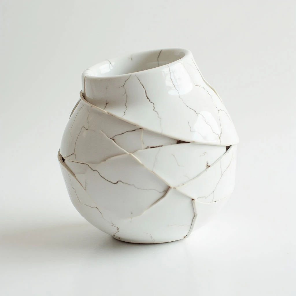 The image features a white object with a network of dark grey lines running across its surface, resembling cracked or segmented material. The form is rounded and bulbous, constructed from overlapping petal-like shapes that create both inward and outward curves. Soft, diffused light illuminates the object, casting gentle shadows and highlighting the subtle variations in texture along the fractured planes against a plain white background.