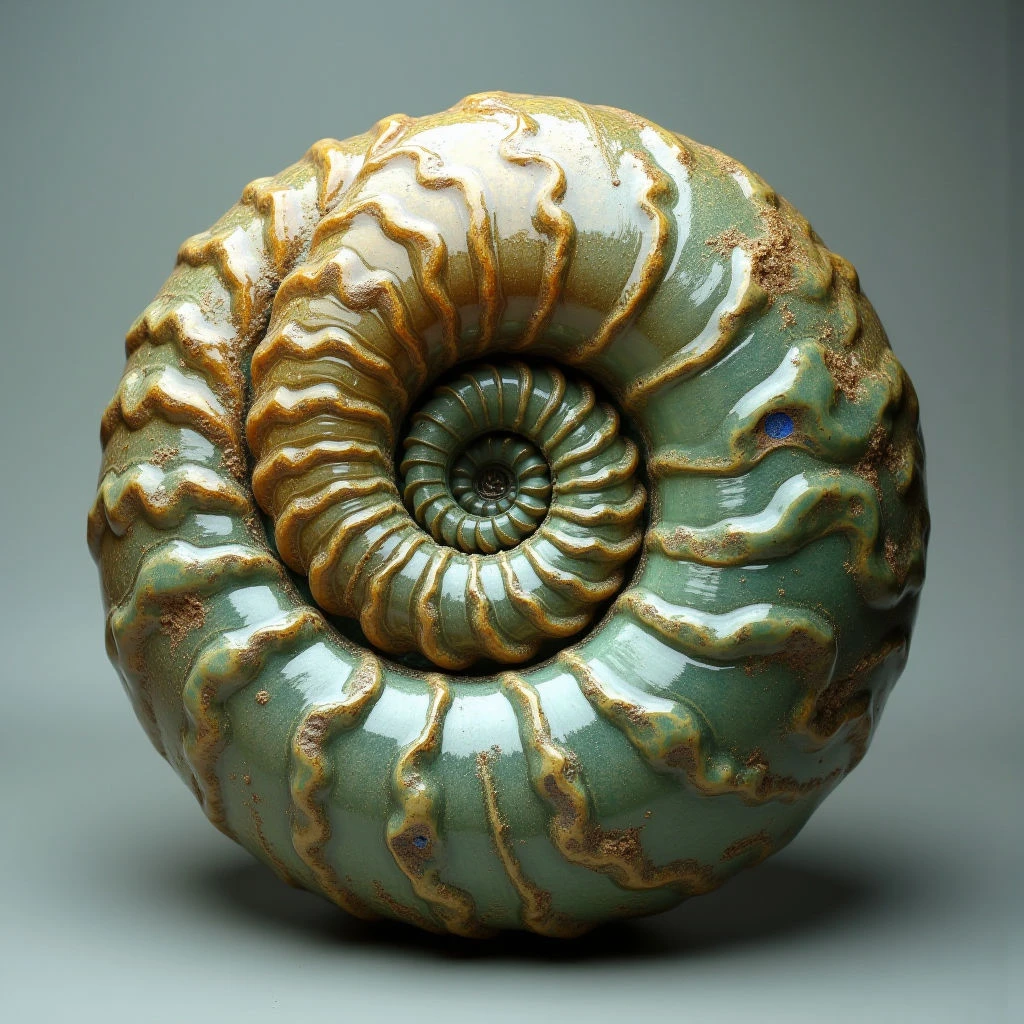 The object is a spiraling form with a color palette of greens and browns, transitioning from lighter shades near the center to darker tones at the outer edges. A glossy sheen covers undulating textures reminiscent of segmented shells or organic growth patterns. The shape occupies central space against a neutral gray background, with light reflecting off its curves to create highlights and shadows that define its volume.