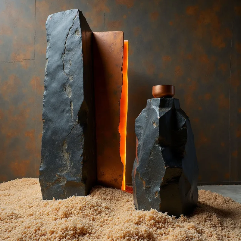 Dark, jagged stone monoliths with rough, matte textures stand amidst a bed of fine, pale beige granules. A vertical slit of warm orange light glows between the structures, contrasting against the cool charcoal tones and the mottled, earthy brown backdrop. The composition features strong verticality and sharp geometric edges set within a shallow, textured space.