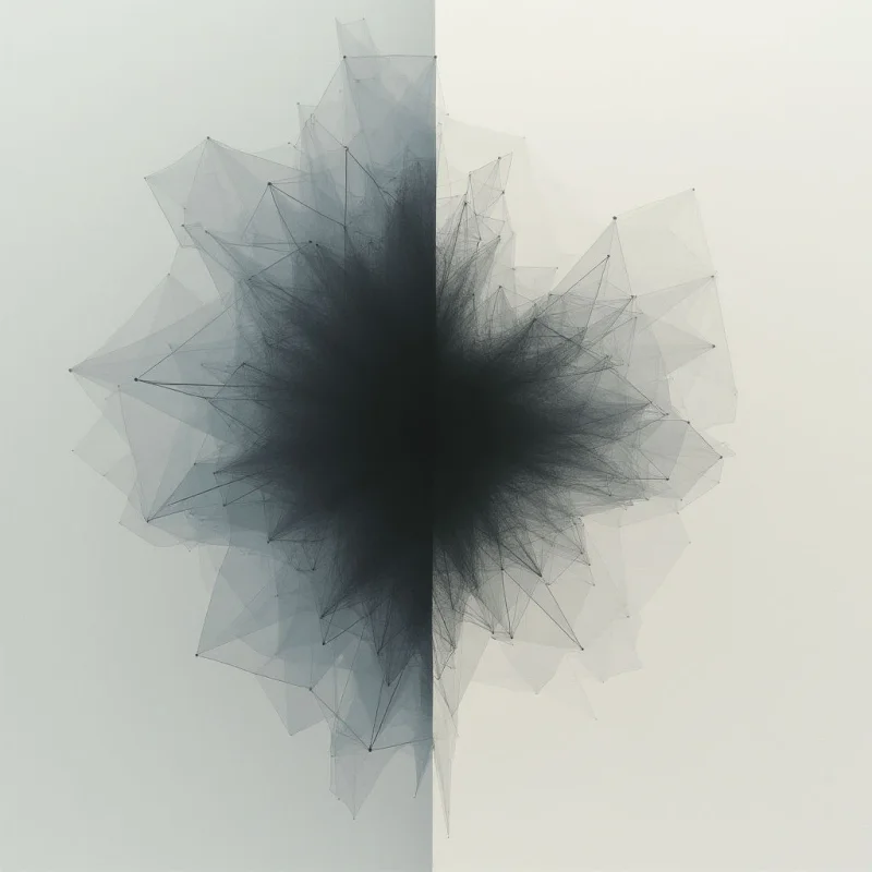 A dark, complex network of lines radiates from a central point, filling the left half of the frame. The right side is lighter and more sparse, with similar lines extending outward but less densely concentrated. A subtle gradient separates the two halves, creating a sense of balance despite their differing intensity.