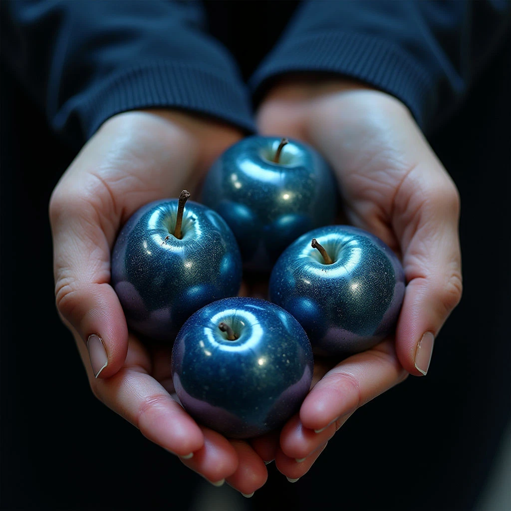 Four dark purple apples with a shimmering sheen are held in two cupped hands against a dark background. The skin of the apples appears smooth and reflective, contrasting with the slightly wrinkled texture of the palms. Light catches the rounded forms of the fruit, creating highlights and defining their shapes within the close spatial arrangement of the hands.