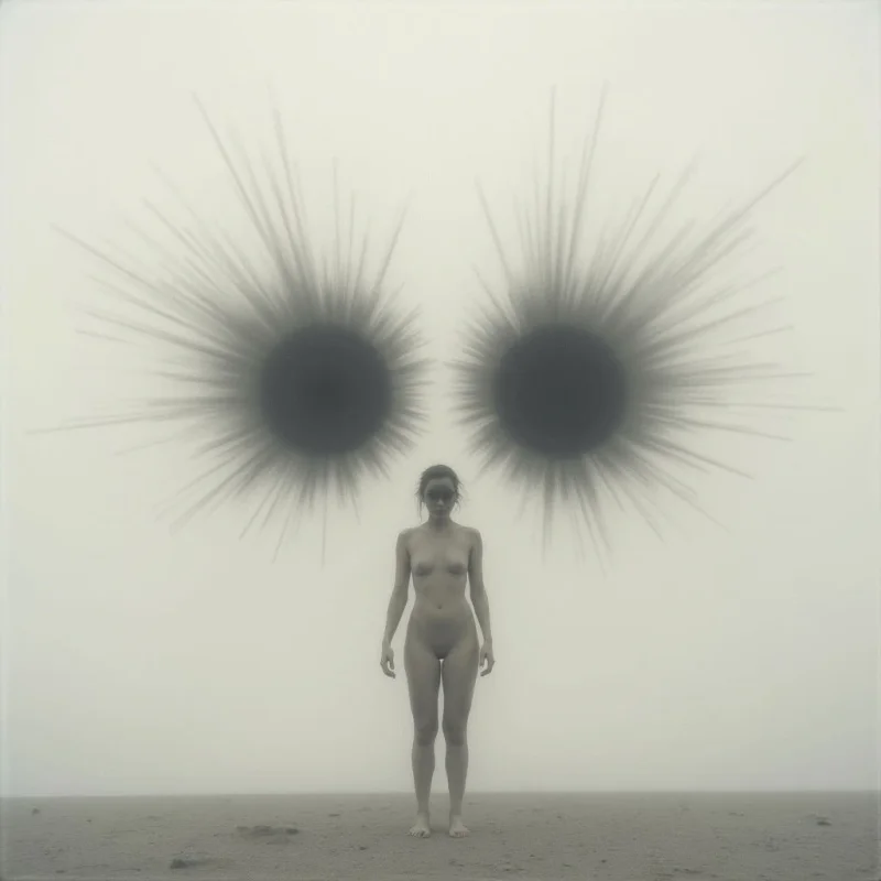A nude figure stands facing forward in a desolate, foggy landscape. Looming above the person's head are two large, dark circular shapes resembling eyes with radiating lines extending outward. The entire scene is monochromatic and evokes a sense of isolation and unease.