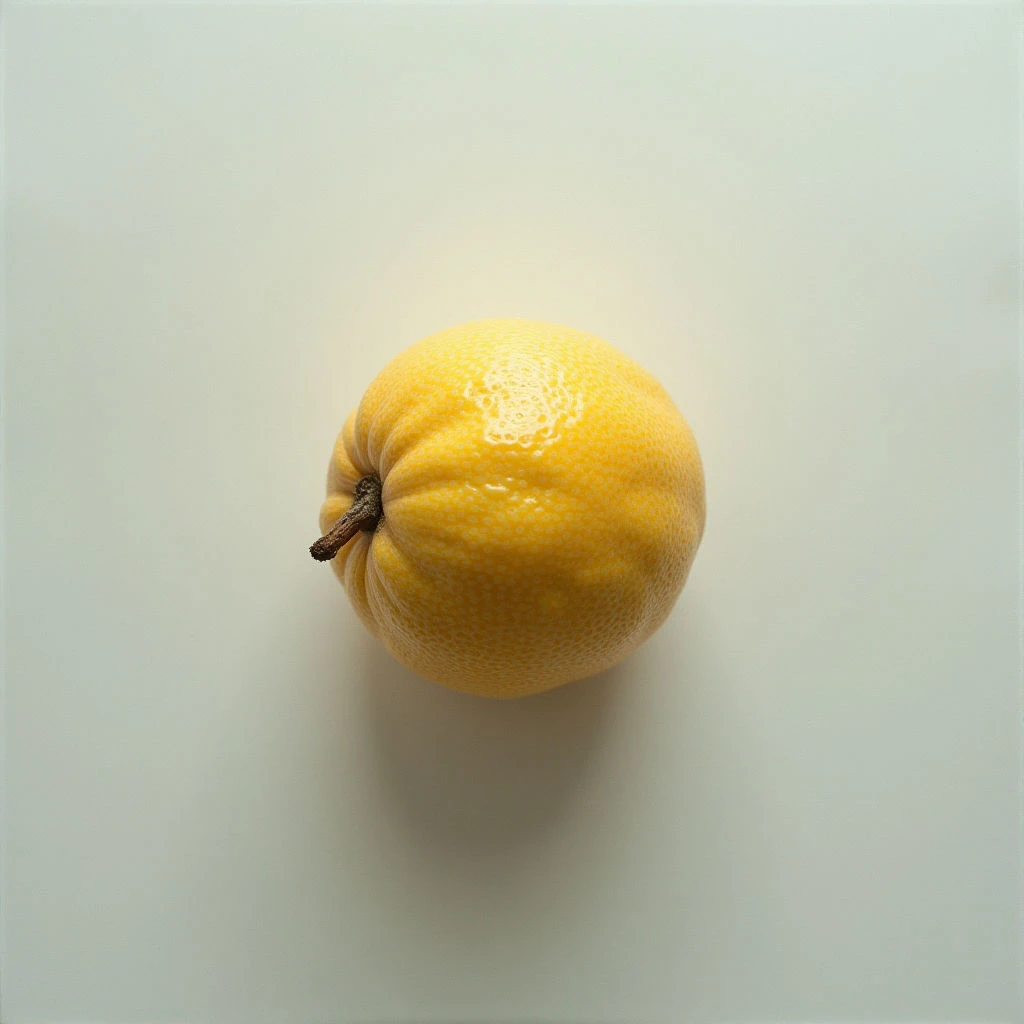 A single, golden quince sits centered on a pale gray surface. Its textured skin is slightly wrinkled around a small brown stem, and it casts a soft shadow below. The simple composition draws focus solely to the fruit’s form and color.