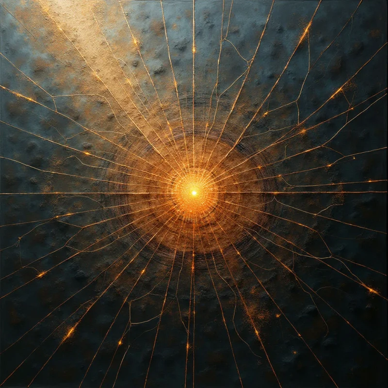 The image features a central, intensely bright golden point radiating outwards with numerous thin lines extending towards a darker, textured background. The color palette is dominated by warm golds and oranges contrasted against cool blues and blacks, creating a strong focal point. Shapes consist of concentric rings around the center and spiky linear patterns, all within a somewhat granular texture that appears to recede into depth from the viewer’s perspective.