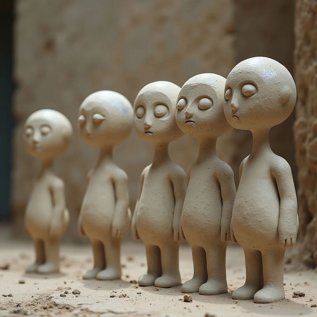 The scene features five roughly humanoid figures arranged in a receding line from left to right, all with similar pale beige tones and textured surfaces resembling clay or stone. Soft, diffused light casts subtle shadows, highlighting the rounded forms of the figures and the rough wall behind them; the overall color palette is warm and muted. The figures diminish in size as they move into the depth of the space, standing on a granular ground plane with small debris scattered around their bases.