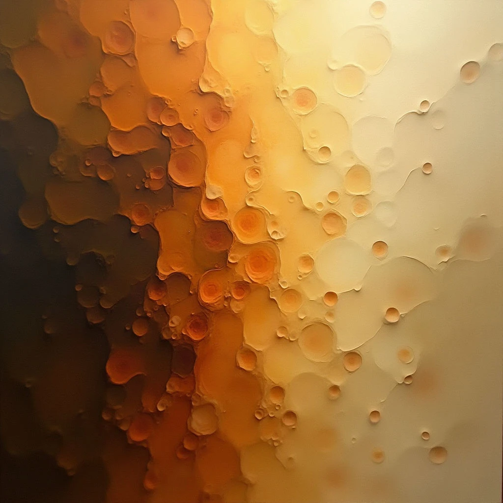A textured surface transitions from dark brown to pale yellow, covered in numerous circular indentations of varying sizes. The indentations are most concentrated in the central orange area and become sparser towards the lighter edges. It evokes a sense of depth and organic form, like bubbles rising or cells under a microscope.