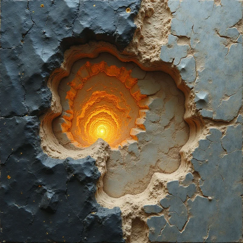 A jagged, irregular opening reveals a series of concentric, glowing orange layers that recede into a bright central point. The surrounding surface is composed of dark, slate-blue cracked textures contrasted against sandy, beige granular areas. Light radiates from the center of the cavity, casting a warm glow onto the inner edges of the rough, uneven terrain.