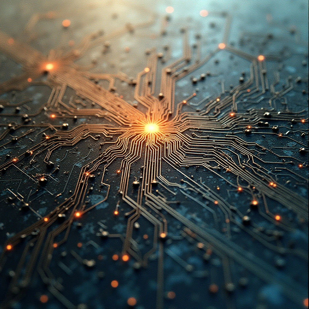 The image features a dark teal and bronze color palette with bright orange focal points resembling illuminated circuitry. Fine lines create complex geometric patterns that radiate outwards from a central point, contrasting against the granular texture of the underlying surface. Light appears to emanate *from* the circuit elements themselves, creating highlights and casting soft shadows that suggest depth within a shallow spatial plane.