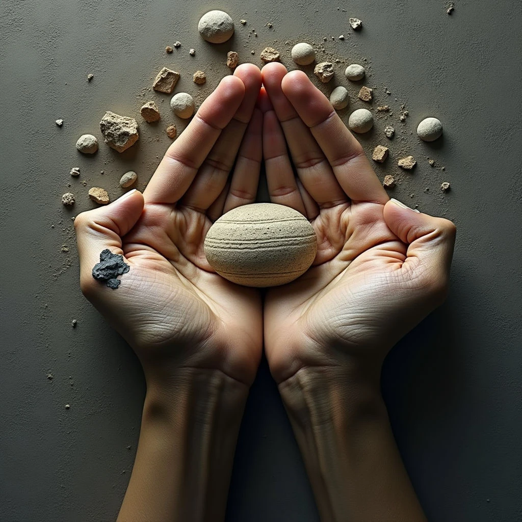 The image features a pair of hands cradling a smooth, spherical object against a muted gray background scattered with irregularly shaped stones and fragments. Colors are primarily earthy tones – tans, browns, grays, and ochres – with variations in texture ranging from the polished surface of the central sphere to the rough surfaces of the surrounding rocks. Light appears to originate from above, creating subtle shadows that emphasize the contours of the hands and the depth of the stone arrangement.