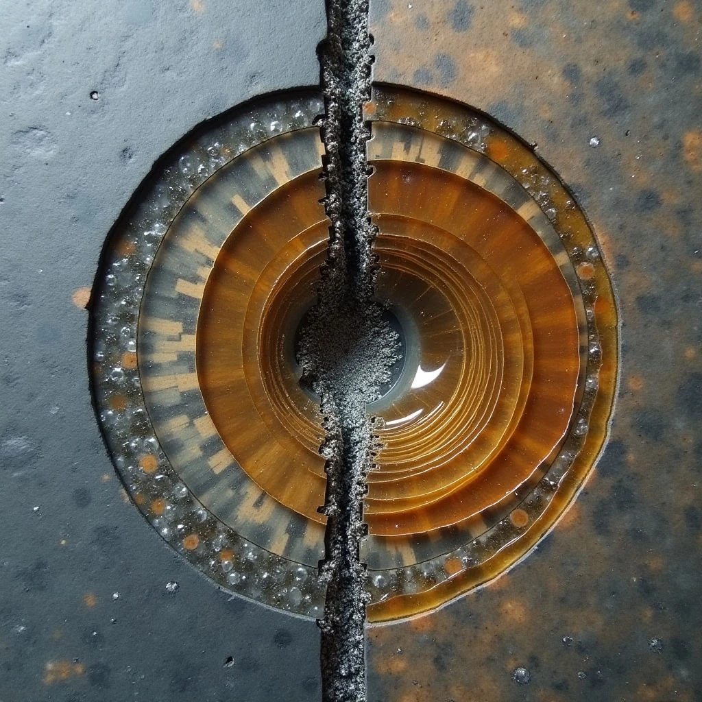 The image features a central circular form composed of concentric rings in varying shades of amber and pale yellow, surrounded by a darker, textured border bisected by a vertical crack. Light reflects strongly off the wet surface within the circle, creating highlights and distortions, while the surrounding areas appear matte with granular textures and scattered small imperfections. The spatial relationship suggests a recessed area or indentation containing the circular pattern within two distinct planar surfaces.