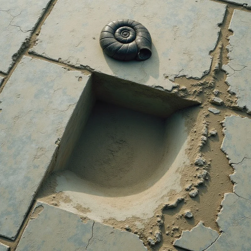 A dark, spiraled shell with a ribbed texture rests on a surface of large, pale grey stone tiles. A deep, square indentation filled with fine tan sand sits adjacent to the shell, creating a sharp geometric contrast against the irregular cracks and sandy debris scattered across the tiles. Bright, direct light casts soft shadows within the hollows, emphasizing the depth of the pit and the rounded form of the shell.