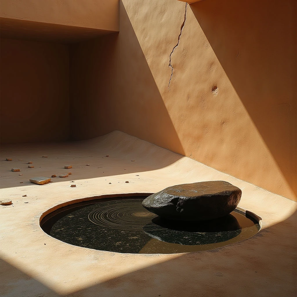The scene is dominated by warm earth tones – primarily shades of ochre and tan – across smooth, plastered walls and a gently undulating floor. A large circular opening in the floor reveals dark water with concentric ripples, partially obscured by a substantial grey stone resting at its edge; scattered fragments of similar material lie on the surrounding surface. Strong directional light creates sharp contrasts between illuminated areas and deep shadows, emphasizing the geometric forms of the space and defining a clear recession into the corner.