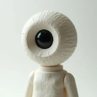 The image features a largely monochromatic palette of off-white and cream tones with a stark black focal point in the center. The surface texture appears slightly rough and uneven across the figure’s form, contrasting with the smooth gloss of the large, round eye. Spatial relationships are close-up and centered; the oversized eye dominates the frame while the body recedes partially out of view behind it, creating a shallow depth of field.