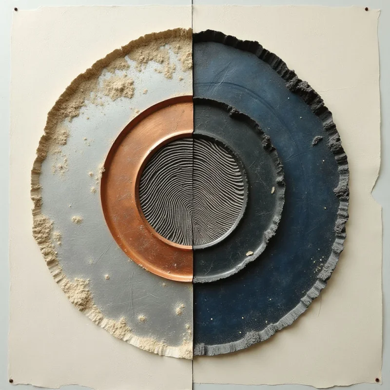 A square, off-white panel is divided vertically into two halves containing concentric circular forms. The left side features pale sand and beige tones with a grainy, granular texture, while the right side displays dark charcoal and slate hues with a matte, stony appearance. A central copper-toned ring transitions into a deep black disc marked by fine, rhythmic ridges.
