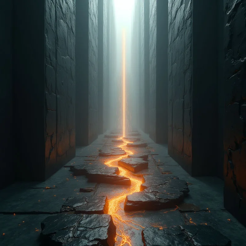 Tall, dark stone pillars frame a narrow corridor where a glowing orange fissure snakes across a cracked floor toward a bright vertical beam of light. The scene features high-contrast lighting, with deep shadows against the textured, rugged surfaces of the gray rock and the radiant warmth of the molten lava. A sense of depth is created by the receding parallel walls leading toward the luminous white void in the distance.